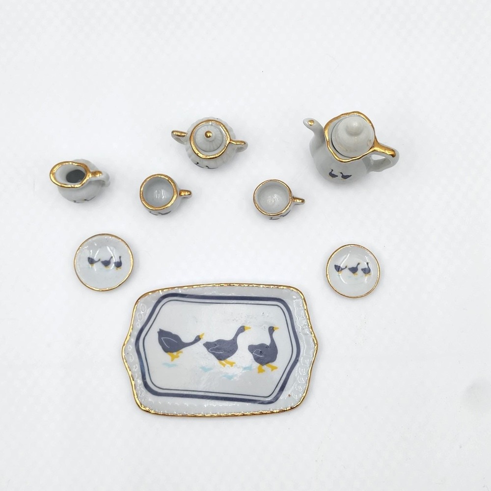 Vintage 80s Miniature Porcelain Tea Set with Country Goose Motif Gold Trim 10 Pc - Picture 2 of 8
